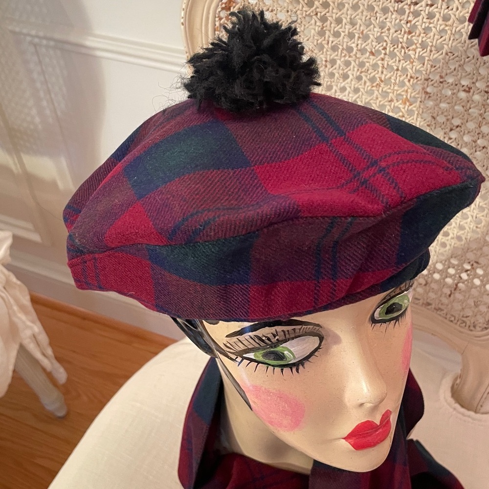 Wool Tartan plaid 3 piece HAT, SCARF, PLEATED SKIRT Vintage . Size 8-10 Medium
